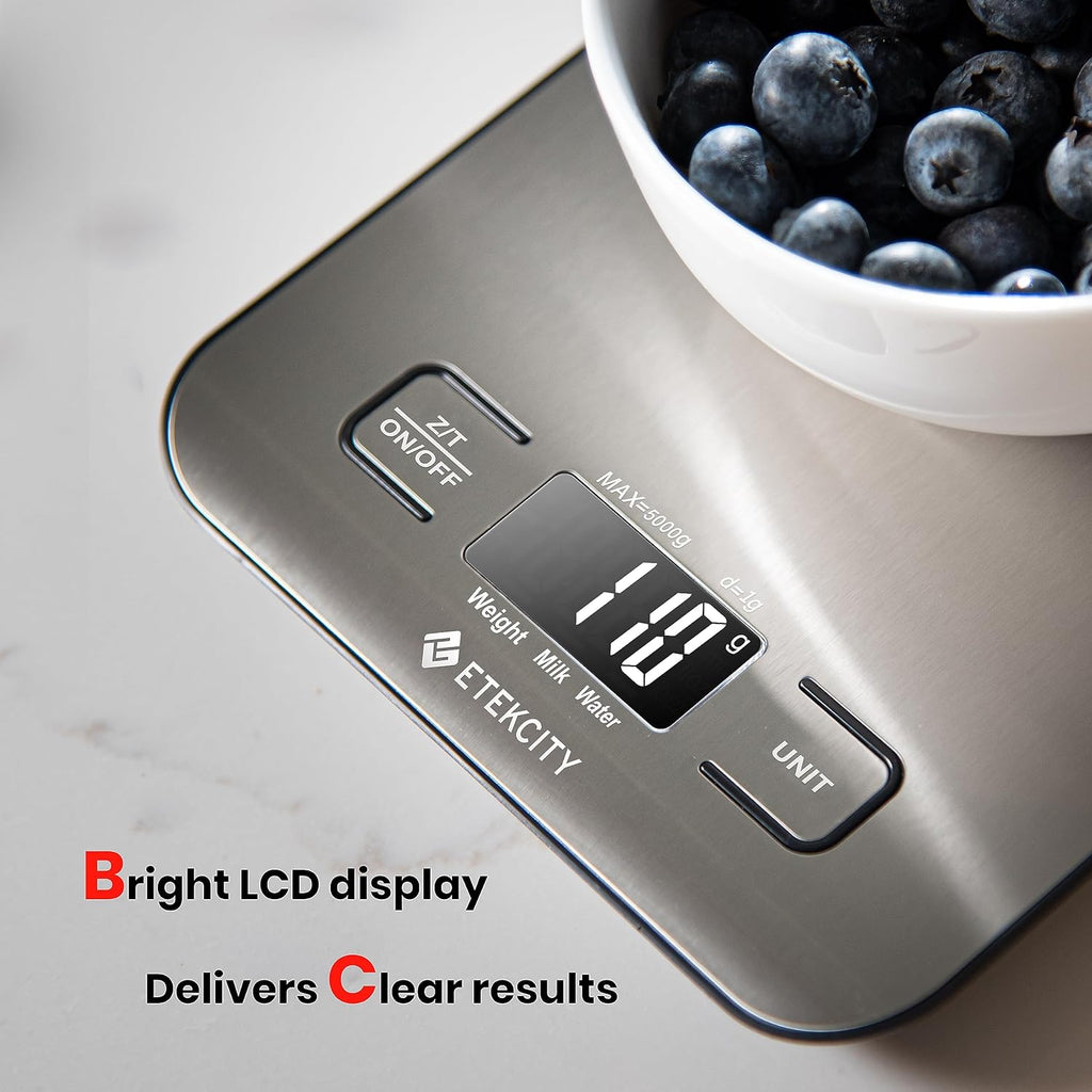Food Kitchen Scale, Digital Grams and Ounces for Weight Loss, Baking, Cooking, Keto and Meal Prep, LCD Display, Medium, 304 Stainless Steel