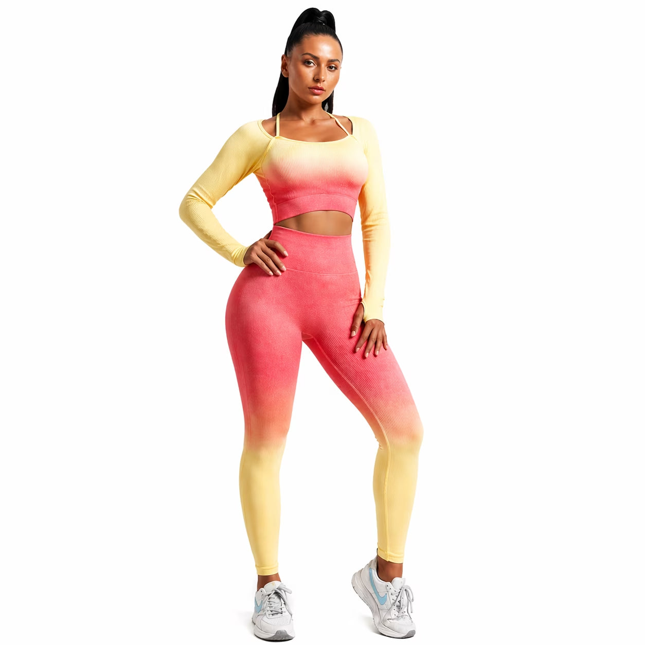 Women’S 2 Piece Workout Set Seamless Ombre Gym Outfit, High Waisted Leggings and Crop Top Yoga Set