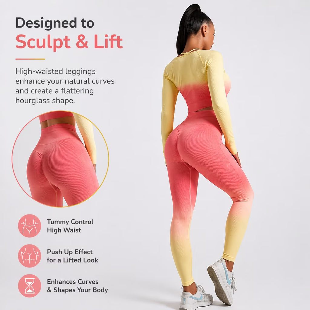 Women’S 2 Piece Workout Set Seamless Ombre Gym Outfit, High Waisted Leggings and Crop Top Yoga Set