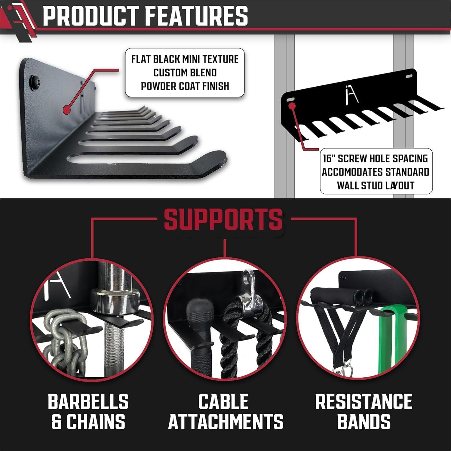 USA Omega Beast Gym Storage Rack 11-Hook Heavy-Duty Gym Wall Organizer Gym Caddy Hanger - Gym Accessory Storage - Resistance Bands, Jump Ropes, Barbells, Lifting Belts, Cable Attachments