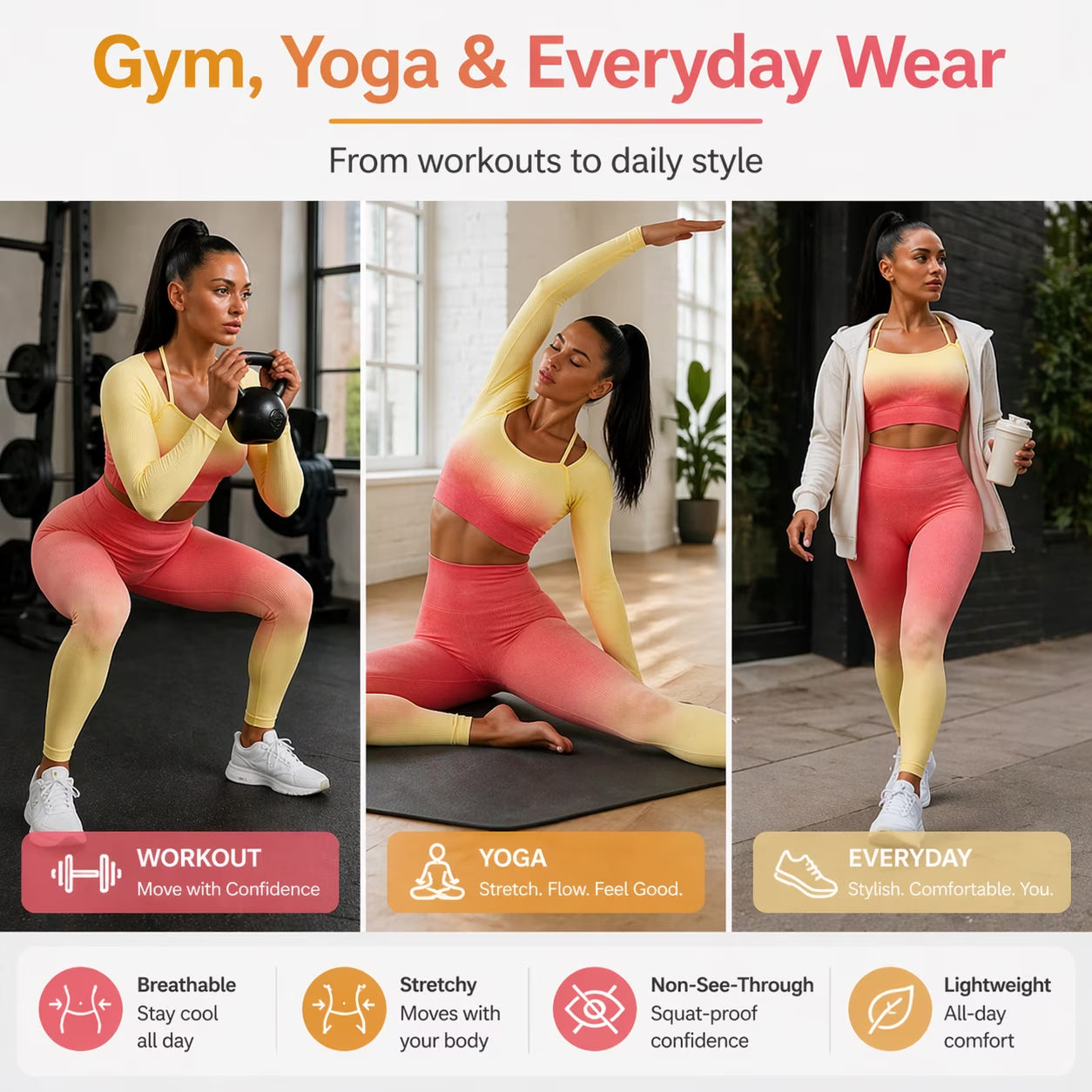 Women’S 2 Piece Workout Set Seamless Ombre Gym Outfit, High Waisted Leggings and Crop Top Yoga Set
