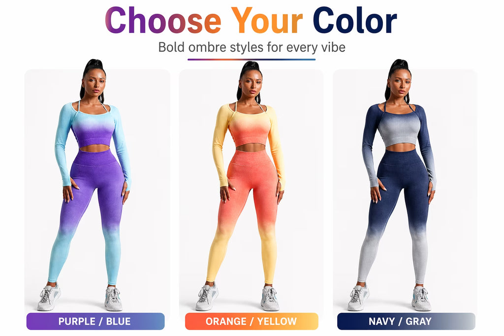 Women’S 2 Piece Workout Set Seamless Ombre Gym Outfit, High Waisted Leggings and Crop Top Yoga Set